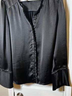 Worthington Black Satin Ruffle-Trim Blouse with Pleated Cuffs